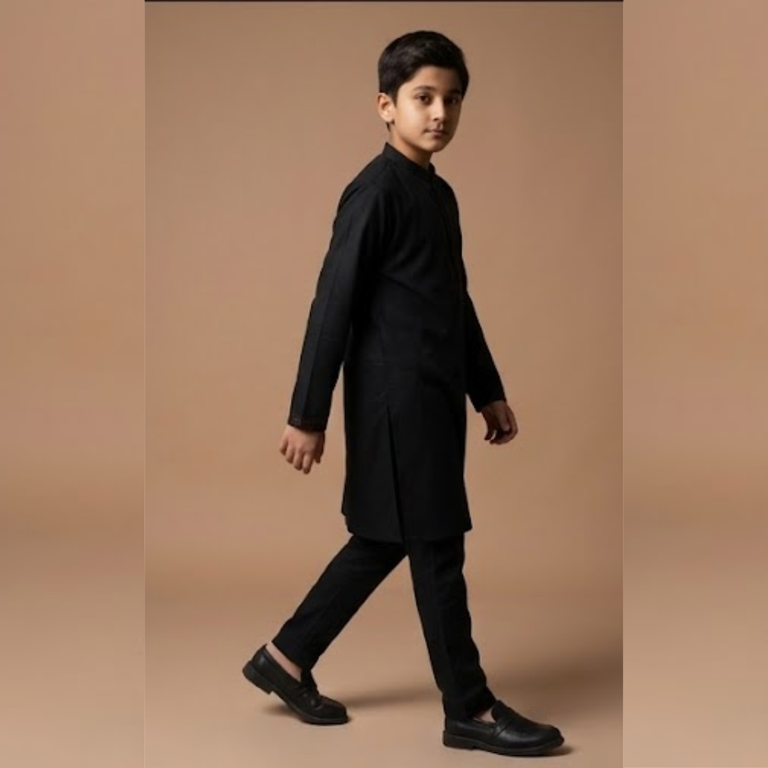 Kido Buzz® Black Collar Kids Shalwar Kameez | Wash & Wear Stylish Boys 2 Piece