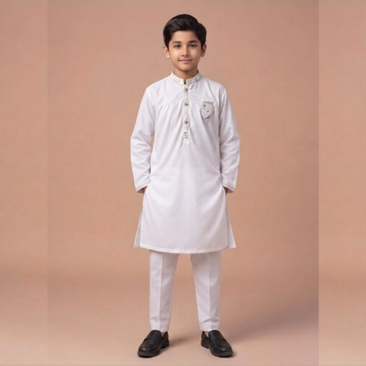 Kido Buzz® Boys White Shalwar Kameez Set – Kids Eid, Wedding & Party Dress