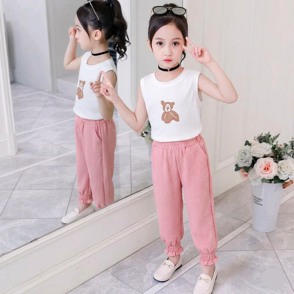 Kido Buzz® Girls Pink & White Teddy Bear Shirt & Trouser Set – Cute Kids Summer Outfit