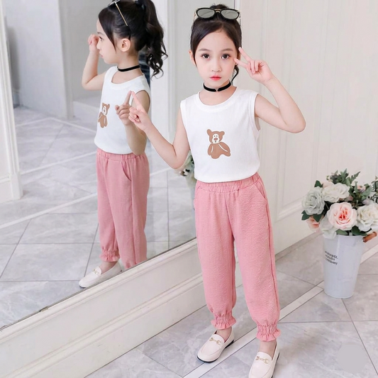 Kido Buzz® Girls Pink & White Teddy Bear Shirt & Trouser Set – Cute Kids Summer Outfit
