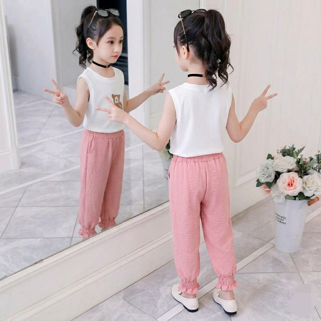 Kido Buzz® Girls Pink & White Teddy Bear Shirt & Trouser Set – Cute Kids Summer Outfit