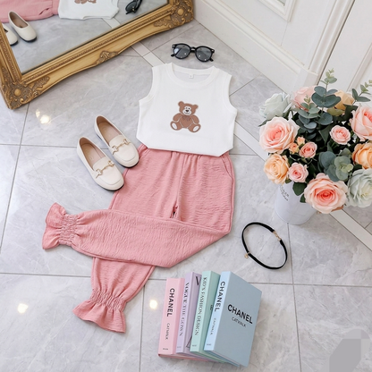 Kido Buzz® Girls Pink & White Teddy Bear Shirt & Trouser Set – Cute Kids Summer Outfit