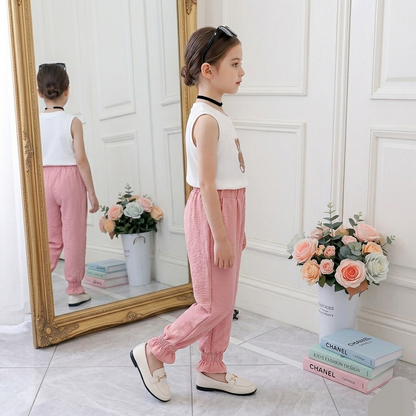 Kido Buzz® Girls Pink & White Teddy Bear Shirt & Trouser Set – Cute Kids Summer Outfit