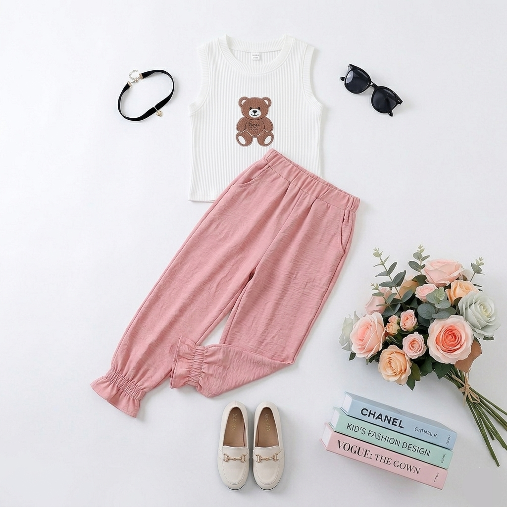 Kido Buzz® Girls Pink & White Teddy Bear Shirt & Trouser Set – Cute Kids Summer Outfit