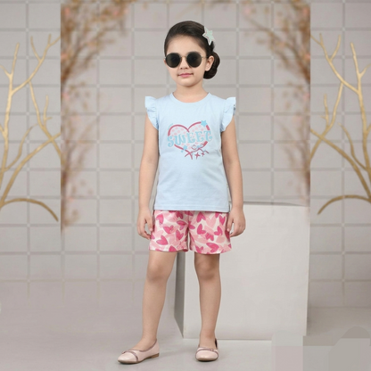 Kido Buzz® Girls Heart Print Shirt & Shorts Set – Cute Kids Summer Outfit