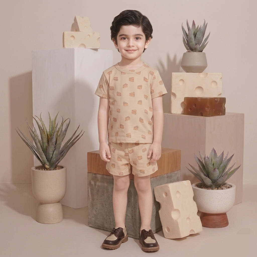 Kido Buzz® UNISEX Cute Cheesy Cheese Slices T-Shirt & Shorts Set – Boys & Girls Summer Casual Outfit