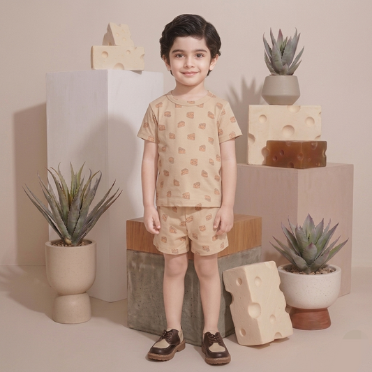 Kido Buzz® UNISEX Cute Cheesy Cheese Slices T-Shirt & Shorts Set – Boys & Girls Summer Casual Outfit