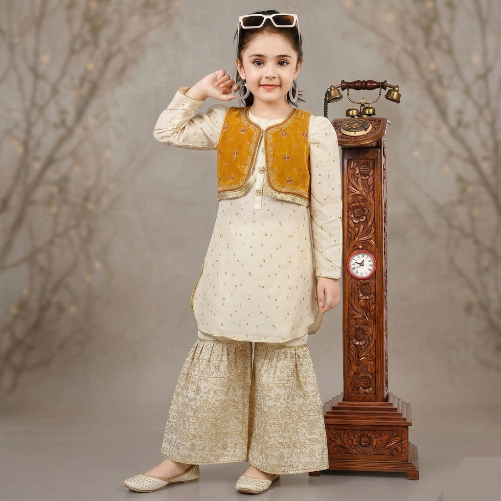 Kido Buzz® Girls Sharara Set with Kurti – Kids Wedding, Eid & Party Wear Ethnic Dress