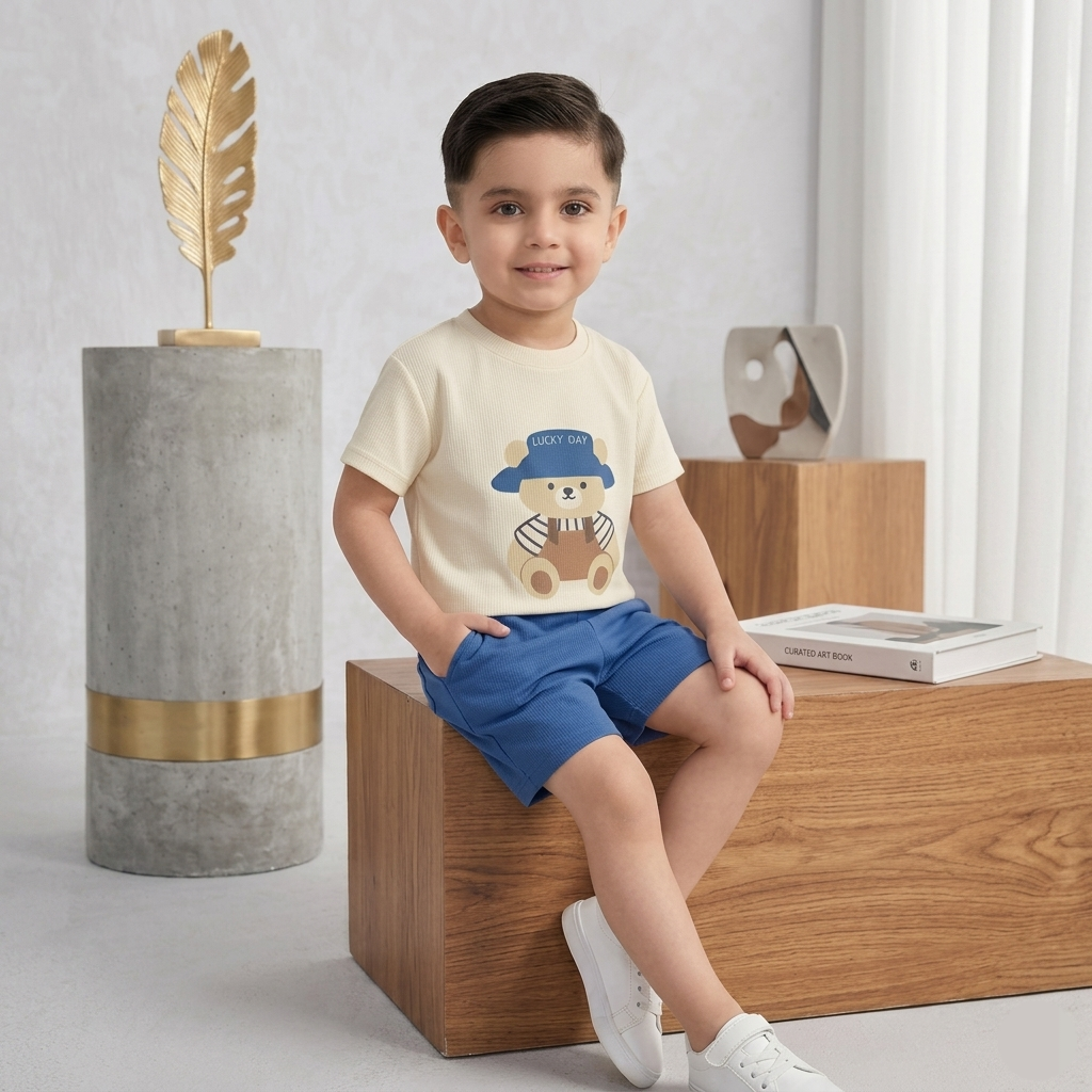 Kido Buzz® Boys Lucky Day Teddy T-Shirt & Shorts Set – Kids Casual Summer Outfit