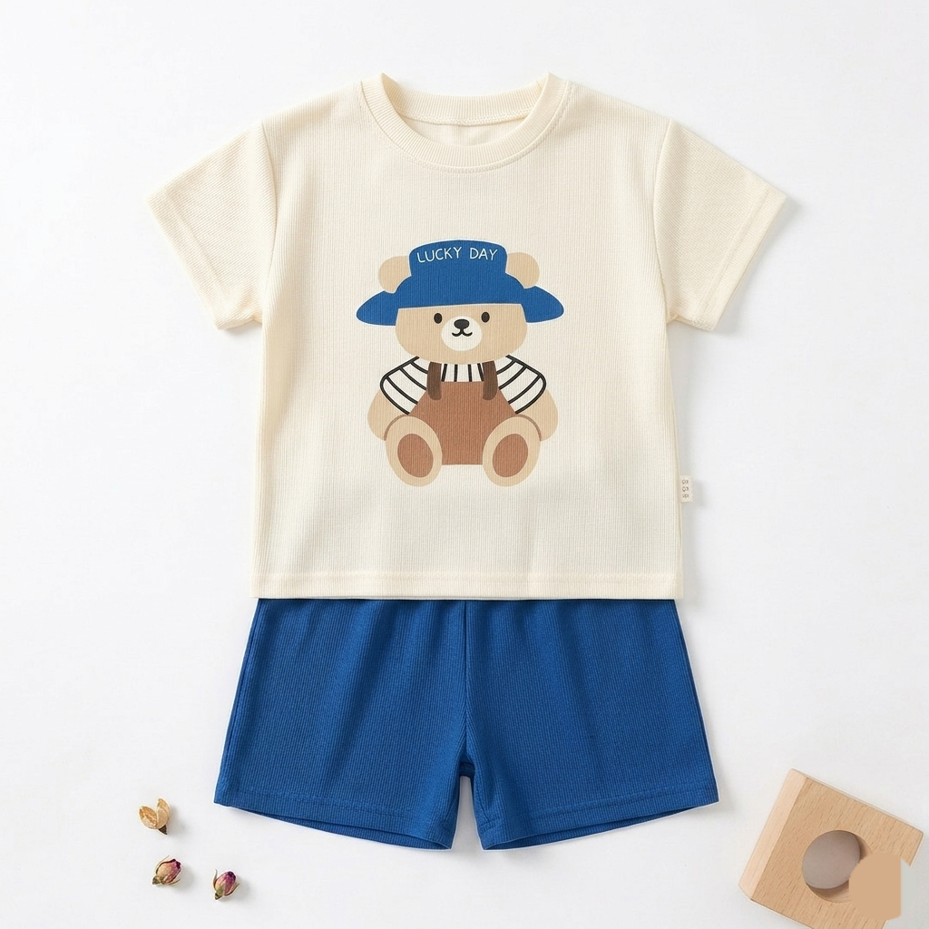 Kido Buzz® Boys Lucky Day Teddy T-Shirt & Shorts Set – Kids Casual Summer Outfit