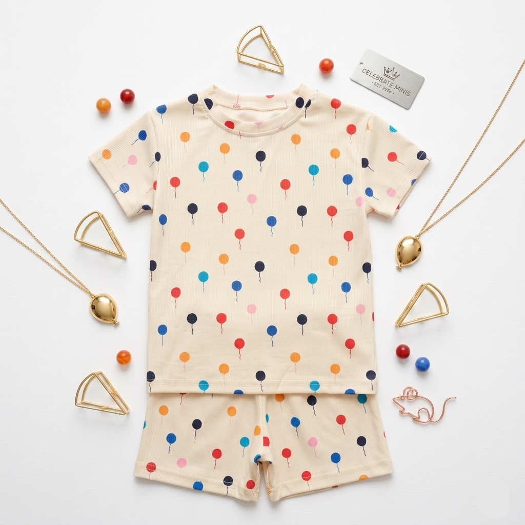 Kido Buzz® Girls Colourful Balloons T-Shirt & Shorts Set – Cute Kids Summer Outfit