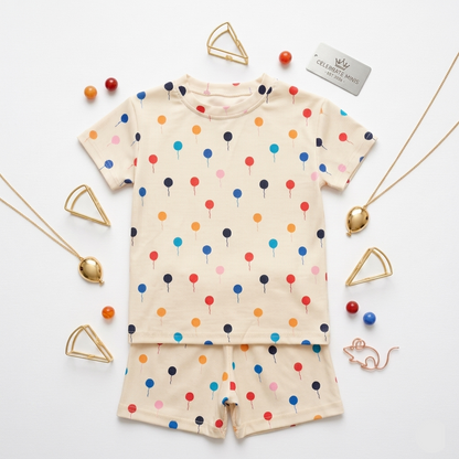 Kido Buzz® Girls Colourful Balloons T-Shirt & Shorts Set – Cute Kids Summer Outfit