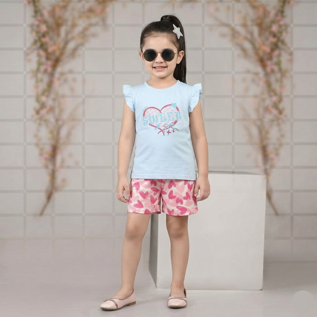 Kido Buzz® Girls Heart Print Shirt & Shorts Set – Cute Kids Summer Outfit