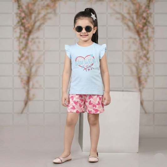 Kido Buzz® Girls Heart Print Shirt & Shorts Set – Cute Kids Summer Outfit