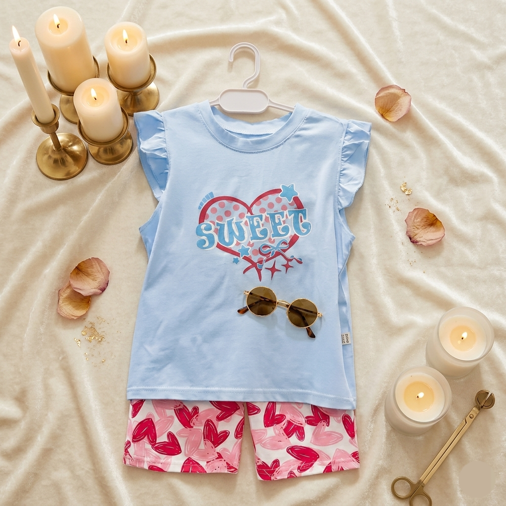 Kido Buzz® Girls Heart Print Shirt & Shorts Set – Cute Kids Summer Outfit