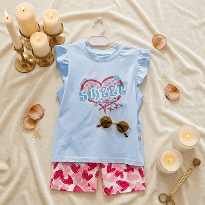 Kido Buzz® Girls Heart Print Shirt & Shorts Set – Cute Kids Summer Outfit