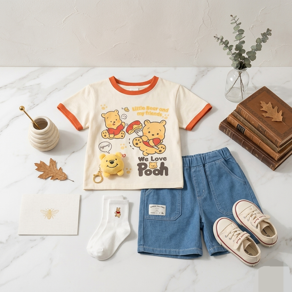 Kido Buzz® Boys Winnie the Pooh Cotton Summer Set – Toddler & Baby Boys Cartoon Casual Outfit