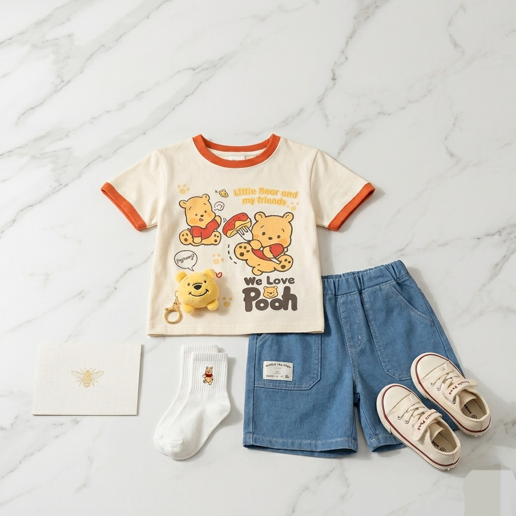 Kido Buzz® Boys Winnie the Pooh Cotton Summer Set – Toddler & Baby Boys Cartoon Casual Outfit
