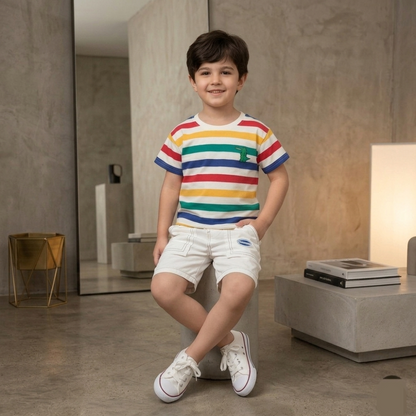 Kido Buzz® Multi Lines Boys Clothing Set for Kids | Cotton Summer Outfit | Toddler & Baby Boy 2 Piece Set