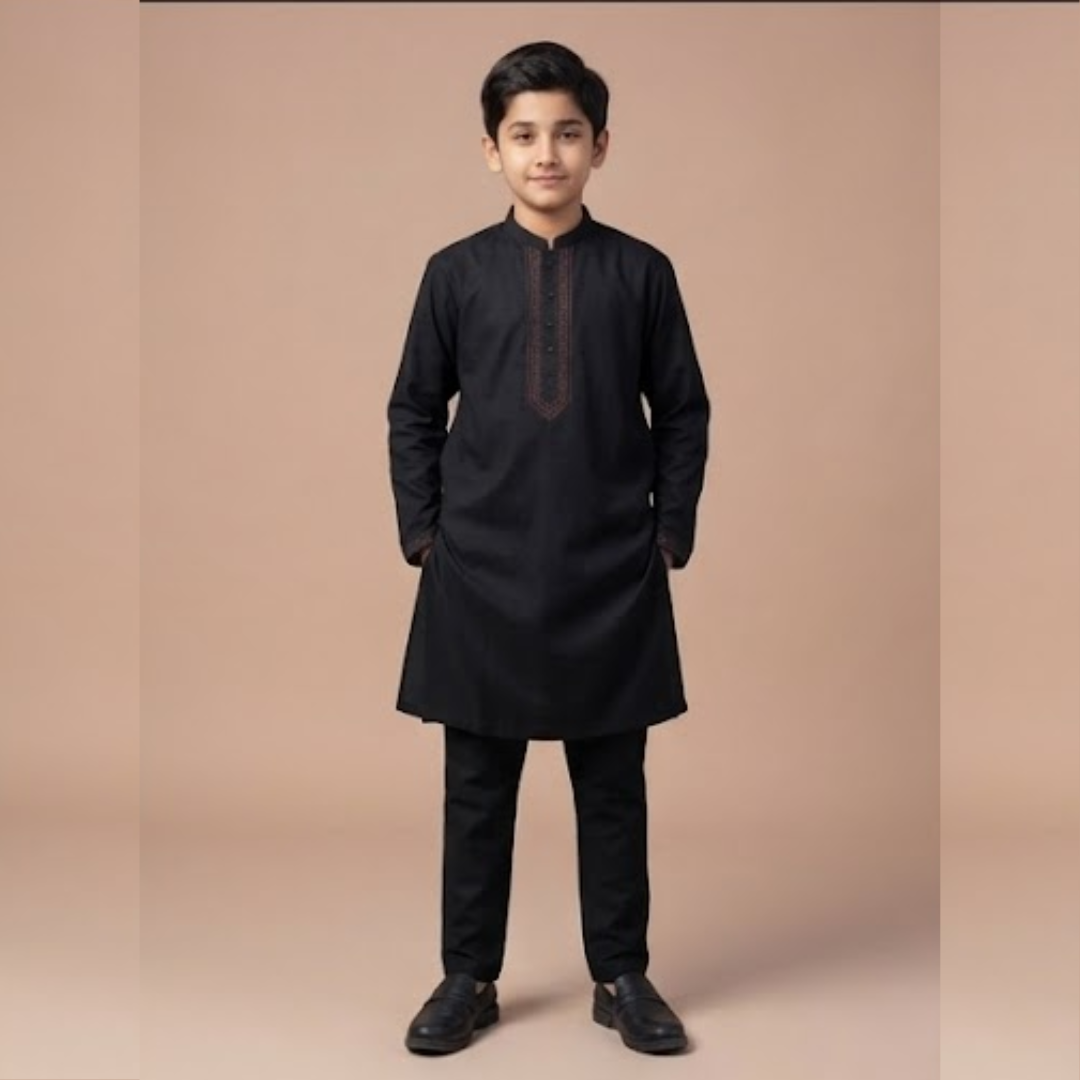 Kido Buzz® Black Collar Kids Shalwar Kameez | Wash & Wear Stylish Boys 2 Piece