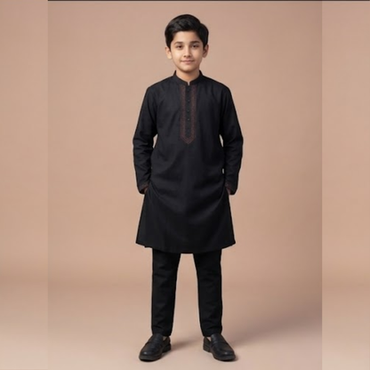 Kido Buzz® Black Collar Kids Shalwar Kameez | Wash & Wear Stylish Boys 2 Piece