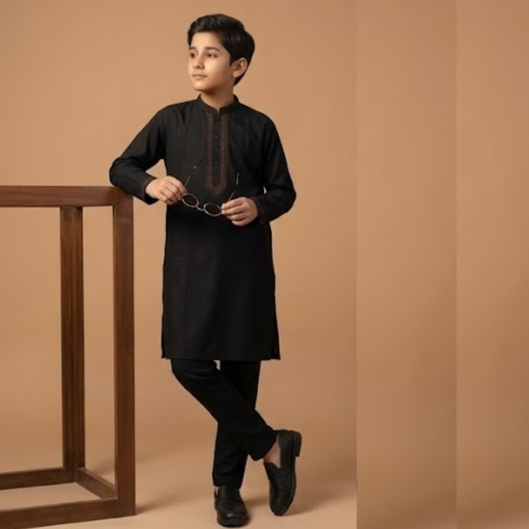 Kido Buzz® Black Collar Kids Shalwar Kameez | Wash & Wear Stylish Boys 2 Piece