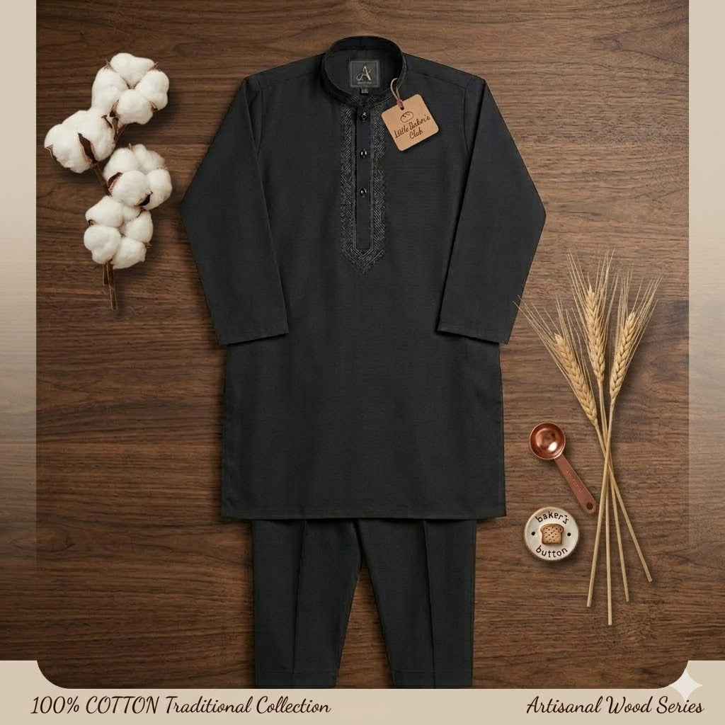 Kido Buzz® Black Collar Kids Shalwar Kameez | Wash & Wear Stylish Boys 2 Piece
