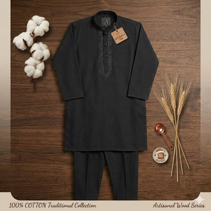 Kido Buzz® Black Collar Kids Shalwar Kameez | Wash & Wear Stylish Boys 2 Piece