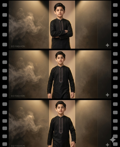 Kido Buzz® Black Collar Kids Shalwar Kameez | Wash & Wear Stylish Boys 2 Piece