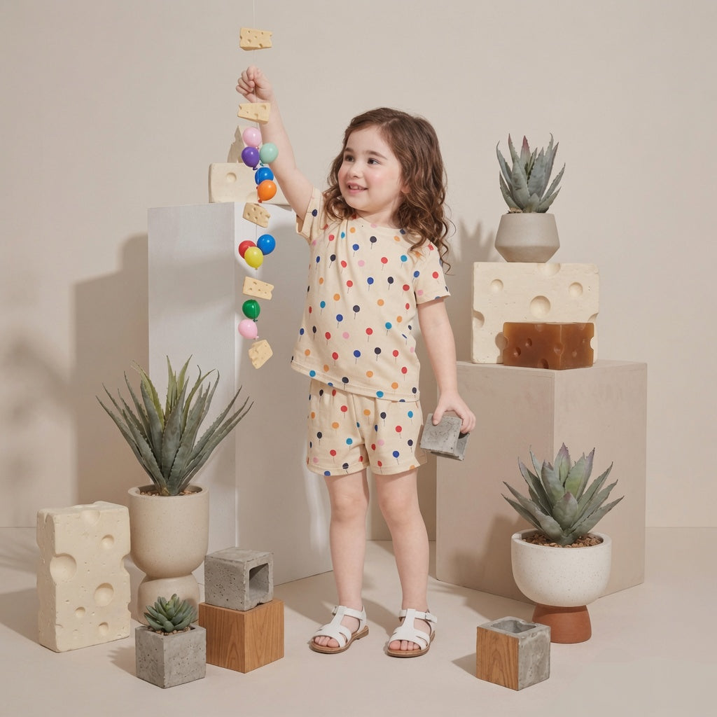 Kido Buzz® Girls Colourful Balloons T-Shirt & Shorts Set – Cute Kids Summer Outfit