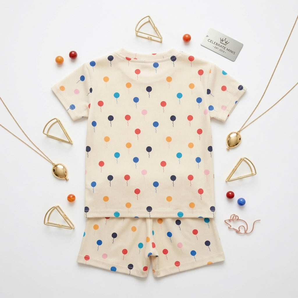 Kido Buzz® Girls Colourful Balloons T-Shirt & Shorts Set – Cute Kids Summer Outfit