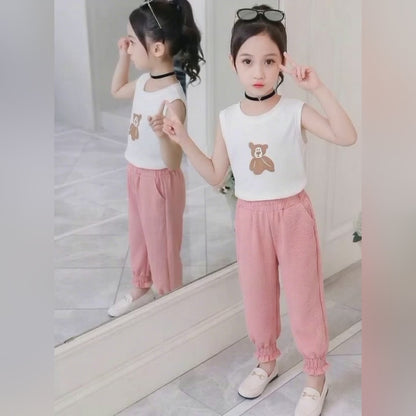 Kido Buzz® Girls Pink & White Teddy Bear Shirt & Trouser Set – Cute Kids Summer Outfit