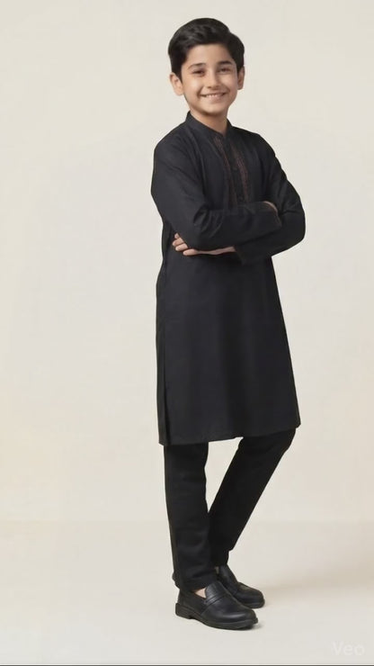 Kido Buzz® Black Collar Kids Shalwar Kameez | Wash & Wear Stylish Boys 2 Piece