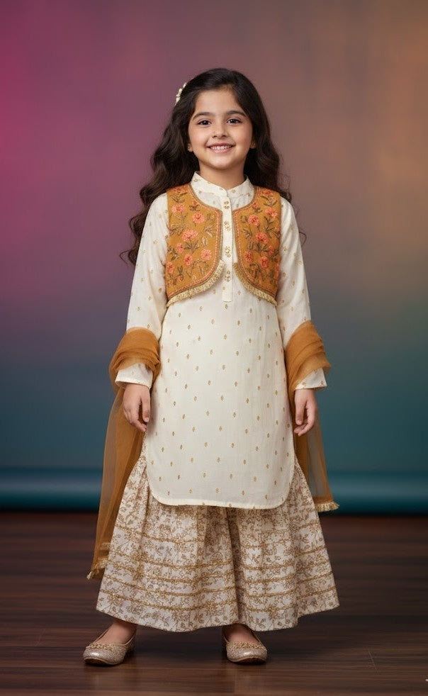 Kido Buzz® Girls Sharara Set with Kurti – Kids Wedding, Eid & Party Wear Ethnic Dress