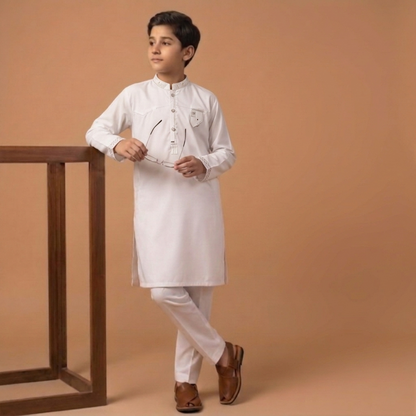 Kido Buzz® Boys White Shalwar Kameez Set – Kids Eid, Wedding & Party Dress
